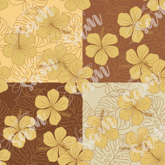 Golden Hibiscus and Monstera Seamless Pattern